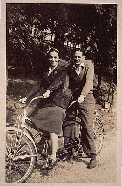 Vintage Couple Tandem Bicycle 1930s Photo Man Woman Knee Skirt Zipped Sweater